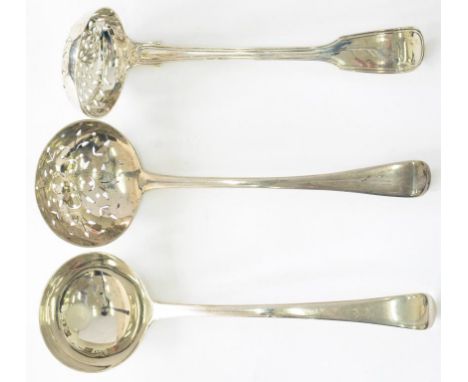 A GEORGE III SILVER SIFTER, LATER PIERCED, EXETER 1816, ANOTHER OF FIDDLE AND THREAD PATTERN, LONDON 1863 AND A GEORGE III SA