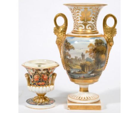 A DERBY TWO HANDLED VASE, PAINTED WITH A LANDSCAPE WITH A CASTLE AND FIGURES ON A RIVERBANK, 21CM H, C1820, REDUCED IN HEIGHT