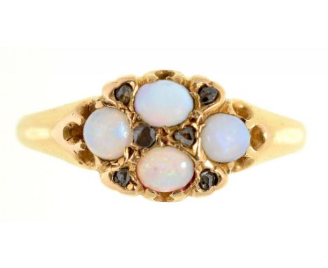 A VICTORIAN OPAL CLUSTER RING, THE FOUR OPALS INTERSPERSED WITH CHIP DIAMONDS, IN 18CT GOLD, BIRMINGHAM 1868, 2.7G, SIZE K