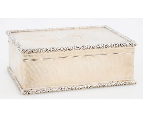 A GEORGE VI SILVER CIGARETTE BOX, ENGINE TURNED, 13.5CM W, LONDON 1939, UNDERSIDE ENGRAVED SHAPLANDS LONDON 