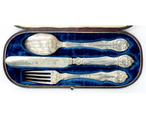 A VICTORIAN SILVER CHRISTENING SET OF SPOON, FORK AND KNIFE, SHEFFIELD 1867, CASED, SPOON REPAIRED 
