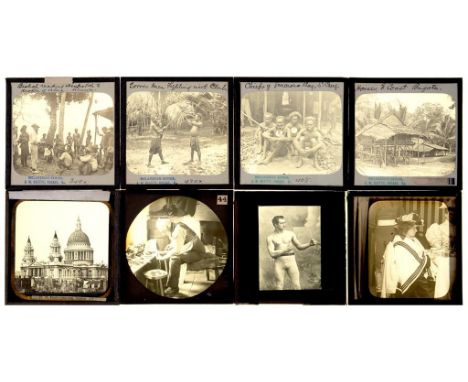 A COLLECTION OF 3.25 X 3.25" GLASS MAGIC LANTERN SIDES, LATE 19TH AND EARLY 20TH C, THE SUBJECTS INCLUDING MELANESIA, EGYPT A