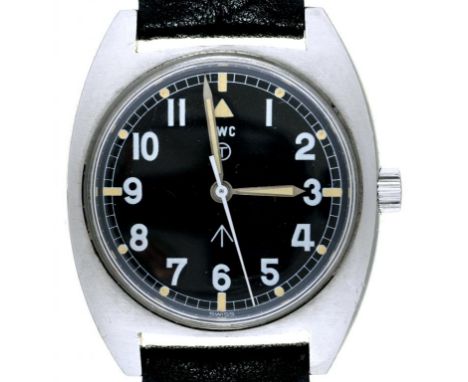 A CWC STAINLESS STEEL BRITISH MILITARY ISSUE WRISTWATCH, CASE BACK MARKED BROAD ARROW, NUMBERS AND 11437/76