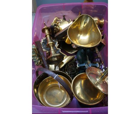 Large collection of brass ware to include scales & small jam pans 