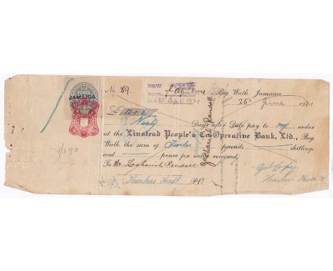 Jamaica - 1921 BOG Walk Jamaica  Cheque on Linstead Peoples Co-Operative Bank.  'Jamaica' overprint on Sixpence Duty embossed