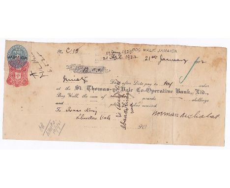Jamaica - 1922 BOG Walk Jamaica  Cheque on St. Thomas NE Vale Co-Operative Bank.  'Jamaica' overprint on Sixpence Duty emboss