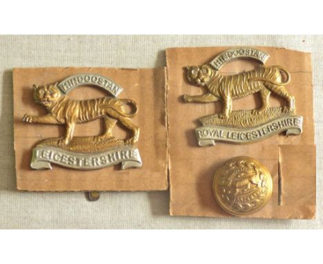 British WWII Leicestershire Regiment Cap Badge (Bi-metal, slider) and Royal Leicestershire  Regiment cap badge with WWI Brass