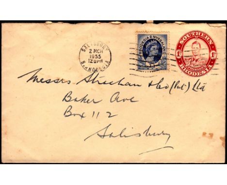 Southern Rhodesia - 1955 King George VI 1d, Stationery ENV with Rhodesia &amp; Nyasaland Queen Elizabeth II 1d adhesive in co