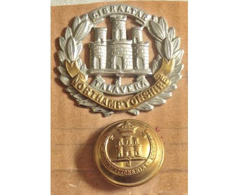 British WWII Northamptonshire Regiment Cap Badge (Bi-metal, slider) with WWI Brass button.