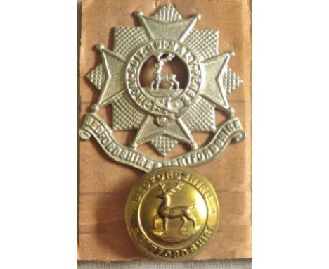British WWII Bedfordshire and Hertfordshire Cap Badge (White-metal, slider) with brass button 
