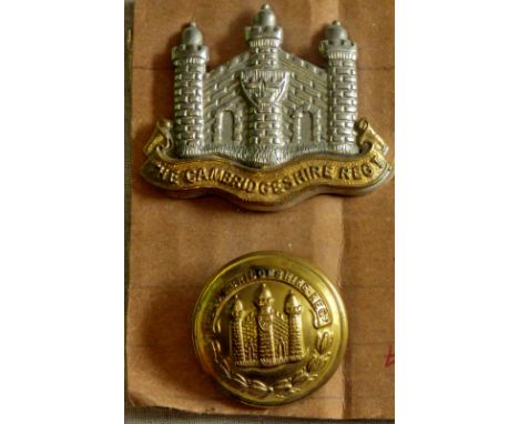 British WWI The Cambridgeshire Regiment WWI Cap Badge (Bi-metal, slider) and WWI Cambridgeshire Regt button