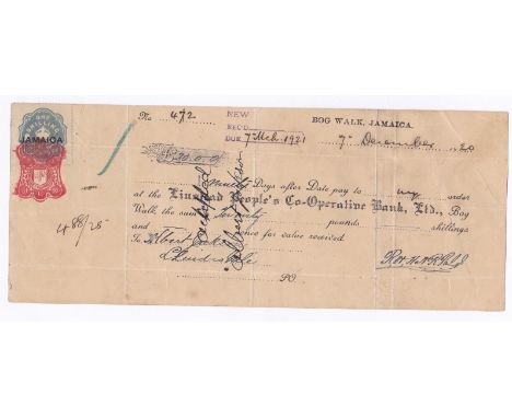 Jamaica - 1920 BOG Walk Jamaica  Cheque on Linstead Peoples Co-Operative Bank.  'Jamaica' overprint on One Shilling Duty embo