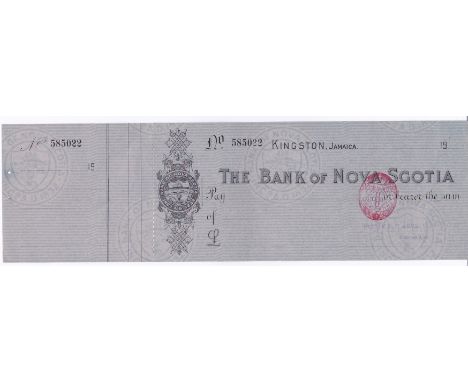 1912 Kingston Jamaica  Cheque on The Bank of Nova Scotia, One Penny Duty, Mint with counter foil.  (Estate of P.E. Auvray, de