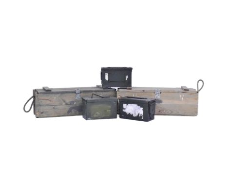 A collection of assorted post war ammunition crates / boxes comprising x2 wooden examples with rope carry handles and x3 meta