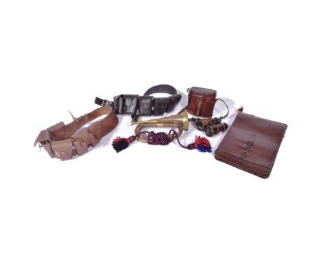 A collection of assorted Militaria to include; WWII Second World War Artillery bugle and binoculars, RAF Royal Air Force styl