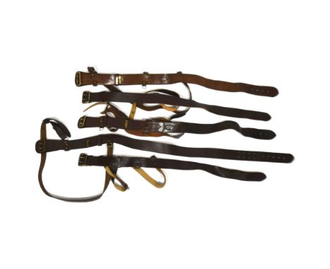 A collection of x10 post war British Army Officers Sam Brown belts. Leather with brass fittings and chest straps.