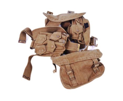 An early 20th Century British Army 1908 pattern webbing set. Khaki example with waist belt, frog, braces, cartridge carriers,
