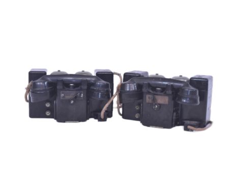 Two WWII Second World War British Army field telephone sets F MK2 TMC with Bakelite cases, handsets and 2 bells.