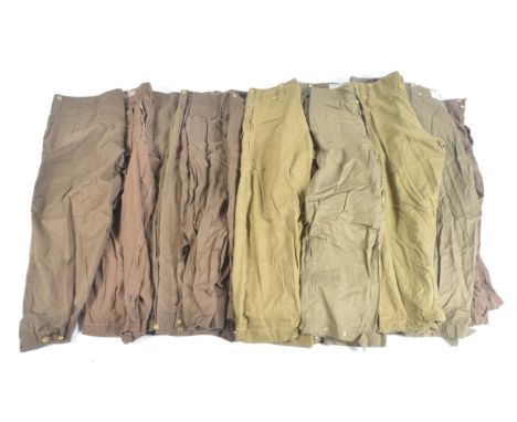 A large collection of reenactment WWII Second World War P-37 British Army uniform combat trousers. Olive green and brown cott