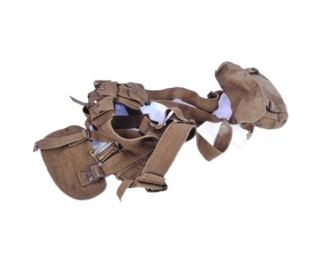 An early 20th Century British Army 1908 pattern webbing set. Khaki example with waist belt, frog, braces, cartridge carriers,
