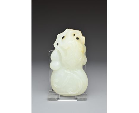 A CHINESE PALE CELADON JADE DOUBLE GOURD GROUP. The double gourd pendant carved with leafy stems. 7.5cm length.Overall good c