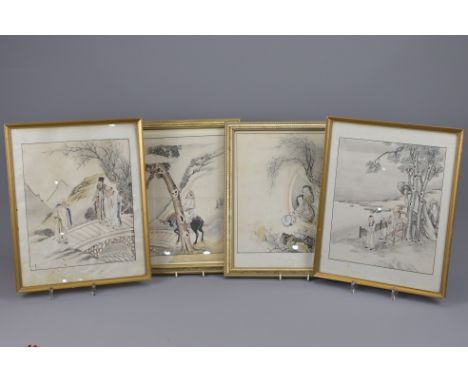 FOUR CHINESE FRAMED PAINTINGS, CIRCA 1900. Ink and watercolour on paper, depiciting figures including Immortals and scholars 