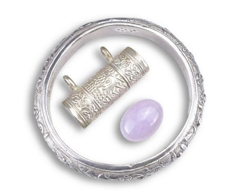 TWO CHINESE WHITE METAL ITEMS WITH LAVENDER STONE CABOCHON. To include a Chinese white metal bangle, probably silver (unmarke