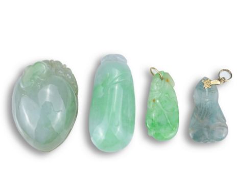 FOUR JADE JADEITE STONE PENDANTS. To include a carved peach form pendant with lingzhi fungus; A caved melon pendant; A small 