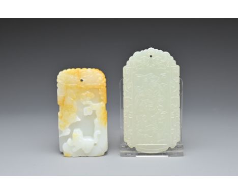 TWO CHINESE JADE PENDANTS. To include a pale celadon pendant featuring two birds and Chinese characters, together with a whit