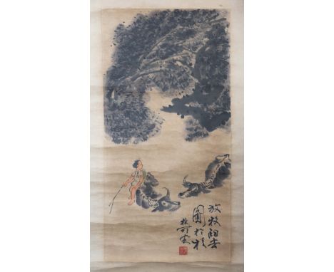 A CHINESE INK PAINTING IN THE STYLE OF LI KERAN (1907-1989), SWIMMING WITH BUFFALOES. Ink and colour on paper, scroll mounted