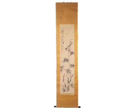 A CHINESE INK PAINTING IN SCROLL, DATED 1889. Ink on paper in scroll of bamboo with calligraphy and three red seal marks. Sig