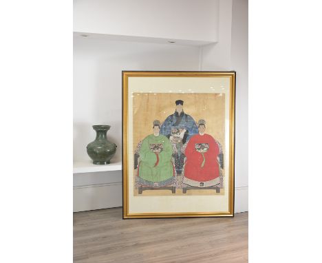 A VERY LARGE CHINESE FRAMED ANCESTOR PORTRAIT, 19TH CENTURY. Ink, gouache and gilding on paper, painted in the Ming style wit