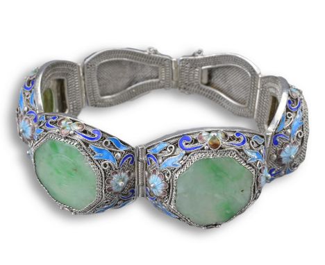 A CHINESE ENAMELLED SILVER FILIGREE JADE BRACELET, 20TH CENTURY. Six panels with four carved jade inserts carved with auspici