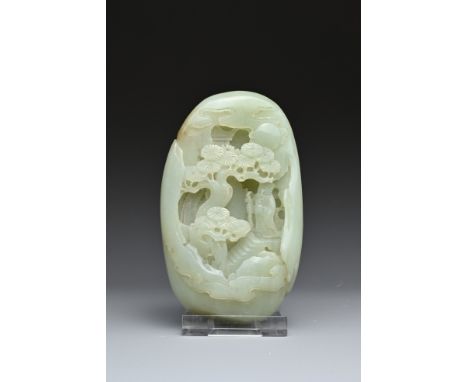 A CHINESE PALE CELADON JADE PEBBLE CARVING. Carved in deep relief with landscape scene with scholar standing under the moon a