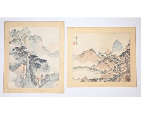 TWO CHINESE WATERCOLOURS ON PAPER, 19/20TH CENTURY. Landscape scenes each signed with red seal marks. Mounted with silk borde