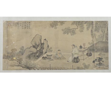 A CHINESE FRAMED SILK PAINTING, 19TH CENTURY. Mounted on paper, painted with two figures of men seated before a fire and tabl