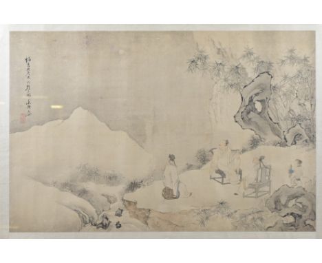 A CHINESE FRAMED SILK PAINTING, 19TH CENTURY. Mounted on paper, painted with three seated figures of scholars and an attendan