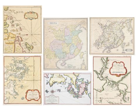 SIX 18TH-19TH CENTURY PRINTED AND COLOURED MAPS OF CHINA. Comprising four coloured copperplate maps by J. N. Bellin, circa 17