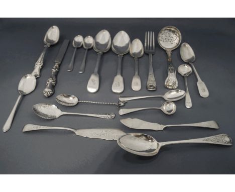 A quantity of silver flatware, some antique, various dates and makers, comprising; two dessert spoons; a sifting spoon; a for