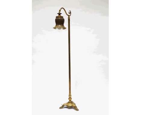 A Victorian style brass standard lamp, with hanging glass shade, 166cm high