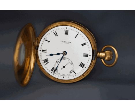 A 9 carat gold J.W.Benson half hunter pocket watch, Birmingham 1930, white enamel dial with black Roman numerals, hands and s