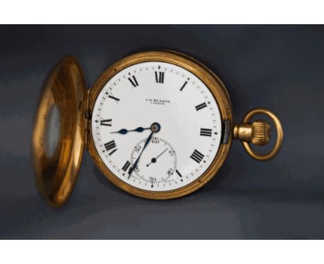 A 9 carat gold J.W.Benson half hunter pocket watch, Birmingham 1930, white enamel dial with black Roman numerals, hands and s