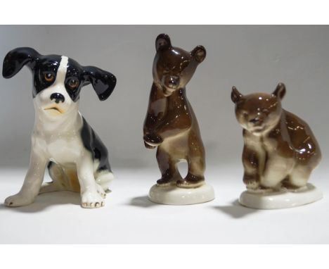 Two Russian ceramic figures of bears, 15cm high and smaller printed USSR marks, and a Sylvac model of a seated dog