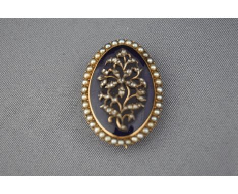 A late Georgian rose diamond and split pearl brooch, circa 1780, the rose cut set floral motif on a blue enamel ground, the n