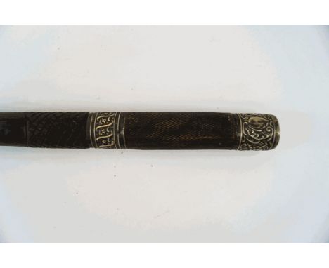 A stained wood sword stick, with decorative white metal mounts