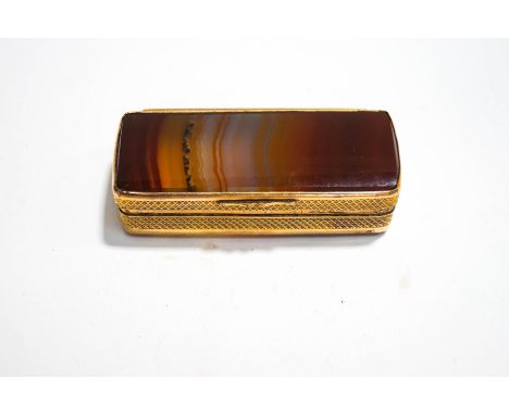 A 19th century banded agate and gilt metal snuff box, with later vesta strike