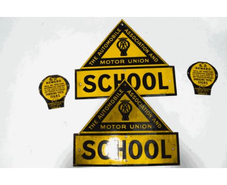 Two Automobile Association driving school enamel signs, 66cm wide x 56cm high, and two further smaller AA signs