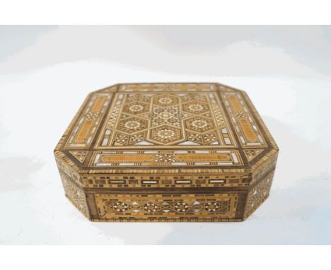 A Syrian square box with parquetry decoration in mother of pearl and various woods, 23.5cm wide x 23.5cm deep