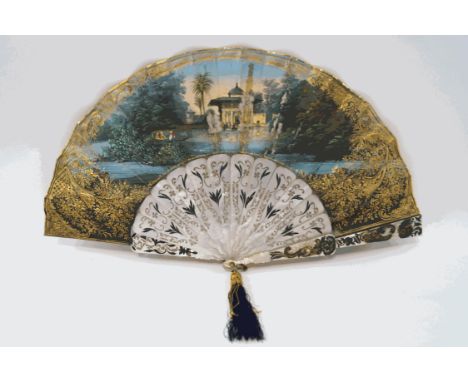 An 18th century French fan, painted with a scene of a marriage celebration to one side, the other with an Oriental scene depi
