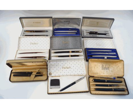 A collection of nine vintage Parker pen and propelling pencil sets